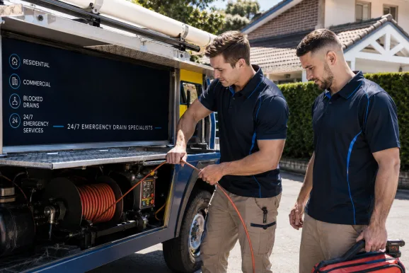 Two plumbers working on a blocked drain in Petersham