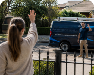 Customer waving goodbye to a Petersham Blocked Drains plumber